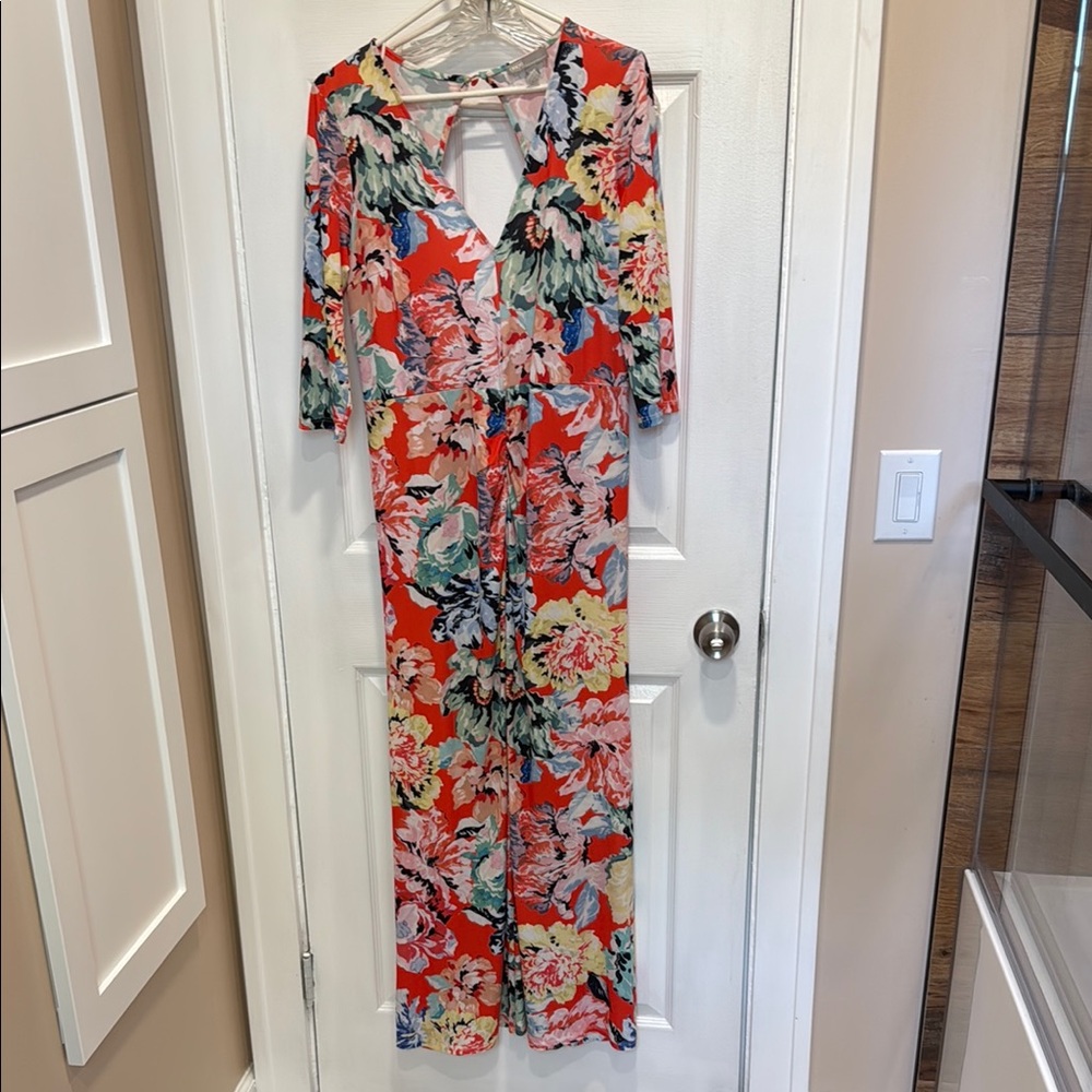 Floral Dress with Red and Green Accents and Ruching in the middle and front slit